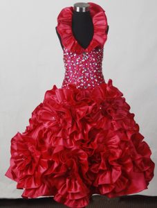 Flowers and Beading Accent Red Little Girl Pageant Dress with Halter