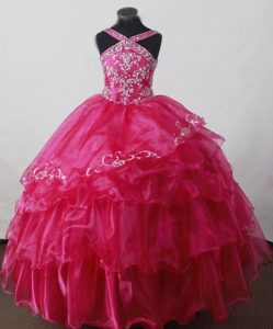 2013 Little Girl Pageant Dresses in Hot pink with V-neck and Beading