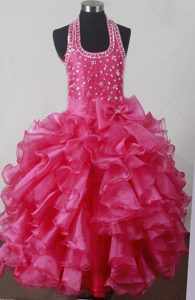 Bowknot and Ruffles Decorate for Halter Little Girl Pageant Dress