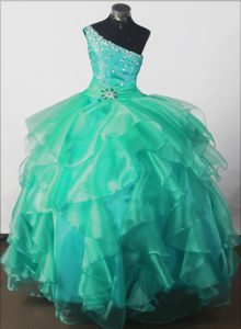 One-shoulder Green Beading Little Girl Pageant Dress in Maine