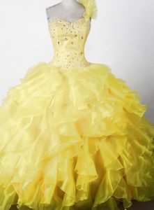 2014 Yellow One Shoulder Little Girl Pageant Dress Ruffles Decorate