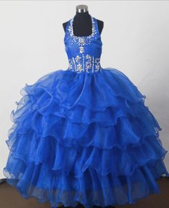Ryal Blue Ruffles and Beading for Little Girl Pageant Dress with Halter