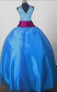 Halter Top Blue Beaded Little Girl Pageant Dress Purple Sash Accent