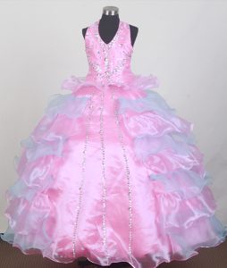 Pink and blue Beaded Halter Little Girl Pageant Dress with Ruffles