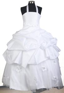Halter Top Flowers with Beading White Little Girl Pageant Dress