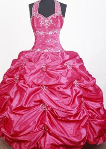 Pink Embroidery with Beading Halter Top Little Girl Pageant Dress