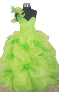 One Shoulder Cute Yellow Green Little Girl Pageant Dress in Illinois