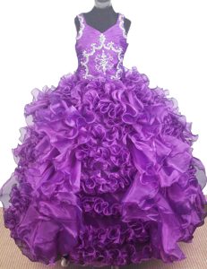 Beading and Ruffles for V-neck Purple Little Girl Pageant Dress