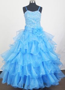 Aqua Blue for Girls Pageant Dresses Beading and Flowers Decorate