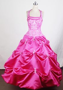 Halter Hot Pink Glitz Pageant Dresses with Embroidery and Pick-ups