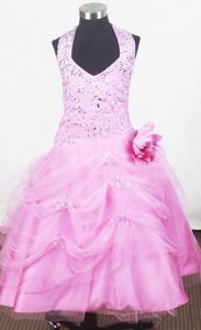 Halter and Hand Made Flower Beaded Pageant Dresses for Little Girl