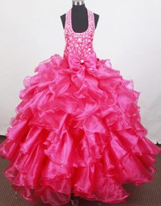 Ruffles and Bowknot for Halter Beaded Little Girl Pageant Dresses