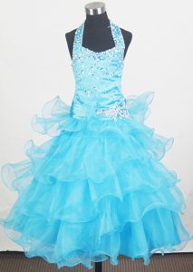 Ruffled Layers for Halter Little Girl Pageant Dresses in Aqua Blue