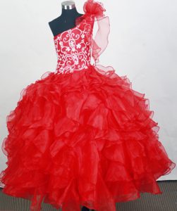 One Shoulder Glitz Pageant Dresses with Flowers and Ruffled Layers