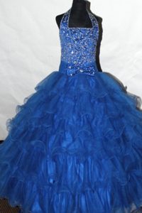 Beading and Ruffled Layers Decorate Halter Glitz Pageant Dresses