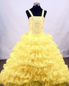 Yellow Straps Flower Girl Pageant Dress with Beading and Pick-ups