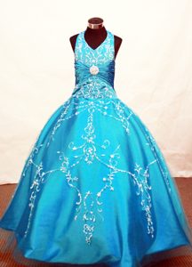 Colorado Blue Halter Flower Girl Pageant Dress Appliques Decorate