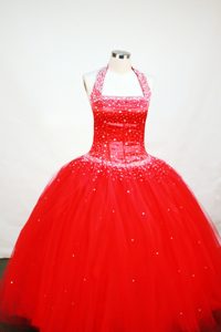 Customize Beading for Red Flower Girl Pageant Dress Halter Neckline
