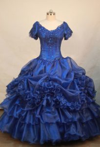 V-neck Short Sleeves Beading Decorate Flower Girl Pageant Dress in Blue