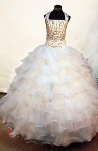 Halter Flower Girl Pageant Dress with Beading and Bowknot Decorate