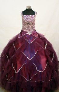 Square Neckline Burgundy Beading Decorate Flower Girl Pageant Dress