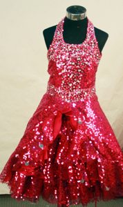 Custom Made Red Sequin over Flower Girl Pageant Dress Halter Neckline