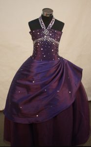 Dark Purple Beading Decorate Halter Arizona Flower Girl Pageant Dress