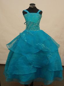Alaska Teal Straps Flower Girl Pageant Dress with Appliques Decorate
