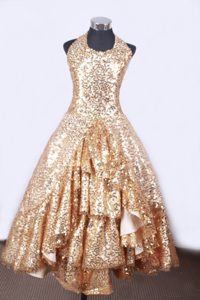 Gold A-line Halter Sequined Layers Glitz Pageant Gown in Montgomery