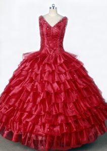 V-neck Ruffled Layers and Beading Red Little Girl Pageant Dress