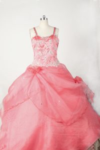 Coral Red Straps Pageant Gowns With Beading and Hand Made Flowers