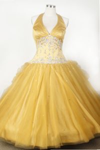Gold Halter Appliques and Beading Organza Little Girl Pageant Dress