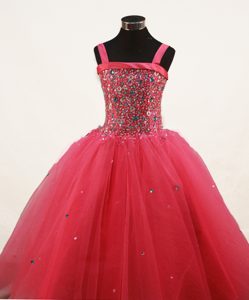 Wonderful Coral Red Straps Little Girl Pageant Dress With Beading