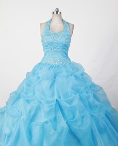 Halter Baby Blue Appliques and Pick-ups Glitz Pageant Dresses