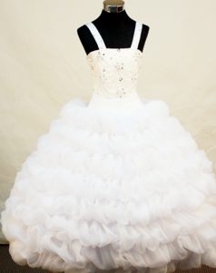 White Straps Beaded Little Girl Pageant Dress With Ruffled Layers