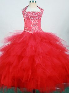 Red Halter Little Girl Pageant Dress With Ruffled Layers and Appliques