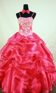 Straps Red Beading and Hand Made Flowers Little Girl Pageant Dress