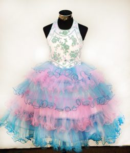 Colorful Halter Glitz Pageant Dress With Appliques and Ruffled Layers