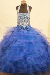 Halter Top Beading and Bowknot Blue Layers Little Girl Pageant Dress