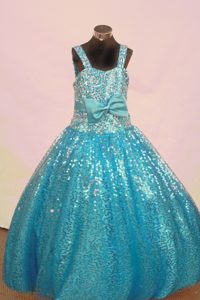 Straps Aqua Blue Little Girl Pageant Dress with Sequin and Bowknot