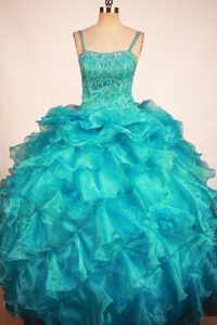 Blue Straps Girls Pageant Dress With Ruffled Layers and Beading