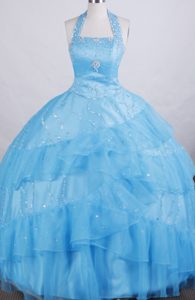 Halter A-line Aqua Blue Glitz Pageant Dresses with Ruffled Layers