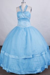 Aqua Blue Halter Beading Pageant Dress for Girls in Sacramento