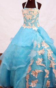 Light Blue A-line Appliques Decorate Halter Girls Pageant Dress