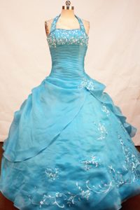 Halter Blue Little Girl Pageant Dress with Appliques and Ruches