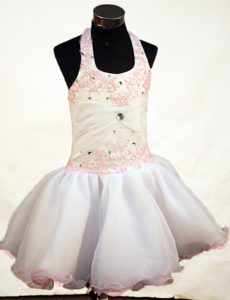 Appliques and Beading Halter Short White Little Girl Pageant Dress
