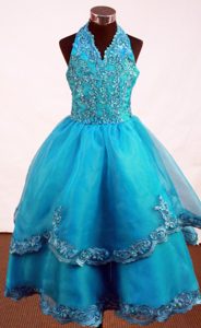 Teal Appliques A-line Little Girl Pageant Dress with Embroidery