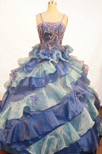 Appliques and Ruffles Ball Gown Straps Blue Glitz Pageant Dresses