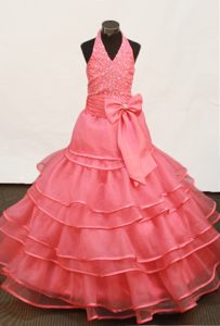 Watermelon Red Beading and Ruffled Layers Hater Girls Pageant Dress