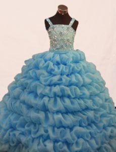 Pick-ups and Beading Ball Gown Straps Blue Little Girl Pageant Dress